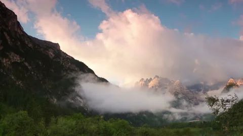 Fog and Clouds over Lake and Mountains. Time Lapse Stock Footage 106456973