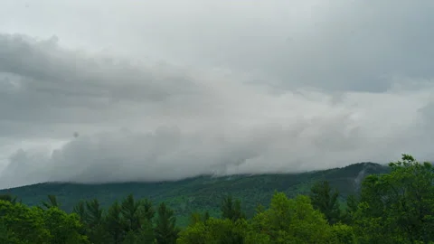 Fog and clouds rolling over lush forest and mountains during dusk timelapse  Stock Footage 156842708