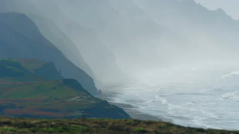 Fog and mist covered cliffs in Pacifica, Daly City California in the morning Stock Footage 242828022
