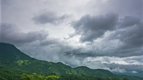 Fog and rain clouds float over mountain ranges covered by rainforest. Stock Footage 93869343