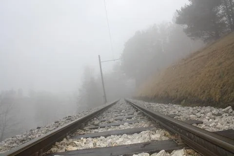 Fog in Austria. Rails Stock Photos