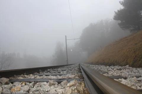 Fog in Austria. Rails Stock Photos