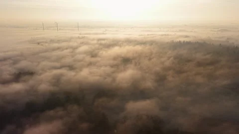 Fog blankets fields and forests at sunrise with scattered buildings and roads Video stock 328680252