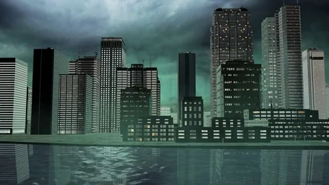 Fog Blowing Over A 3D City From Across The Water At Night - Left To Right Pan 動画素材 72317683