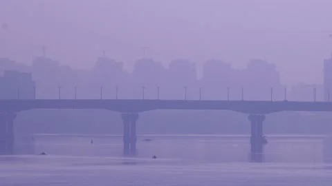 Fog Bridge Over The Dnipro River Traffic View Stock Footage 201218405