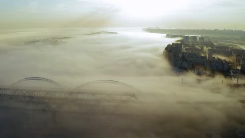 Fog bridge over the Volga river traffic view from the drone Stock Footage 127533091