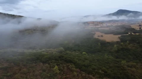 Fog covering dense Mediterranean forest on wild mountain slopes in autumn Stock Footage 344093733