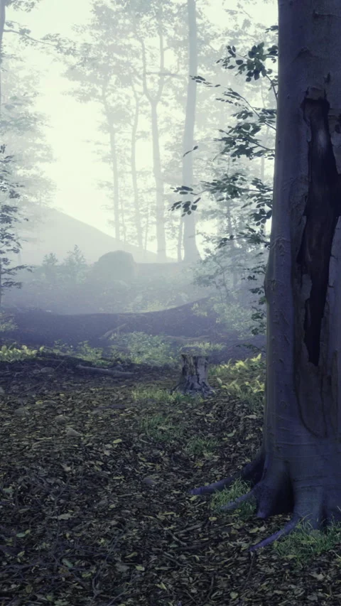 Fog covers the forest path in early morning light near the trees Stock Footage 332224038