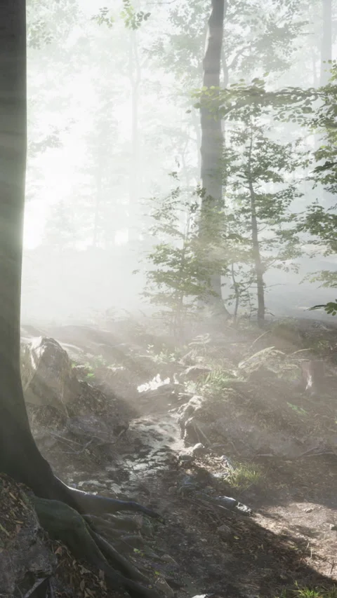Fog covers a forest path in early morning light with a stream nearby Stock Footage 342616965