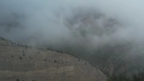 Fog covers rolling hills creating soft white atmospheric layer under overcast Stock Footage 342716938