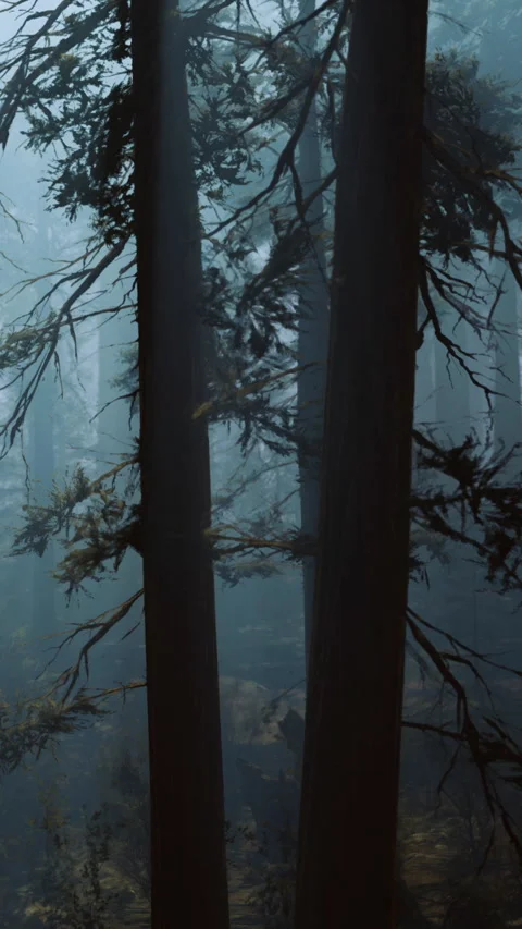Fog covers tall trees in forest during early morning hours in winter season Stock Footage 342451840