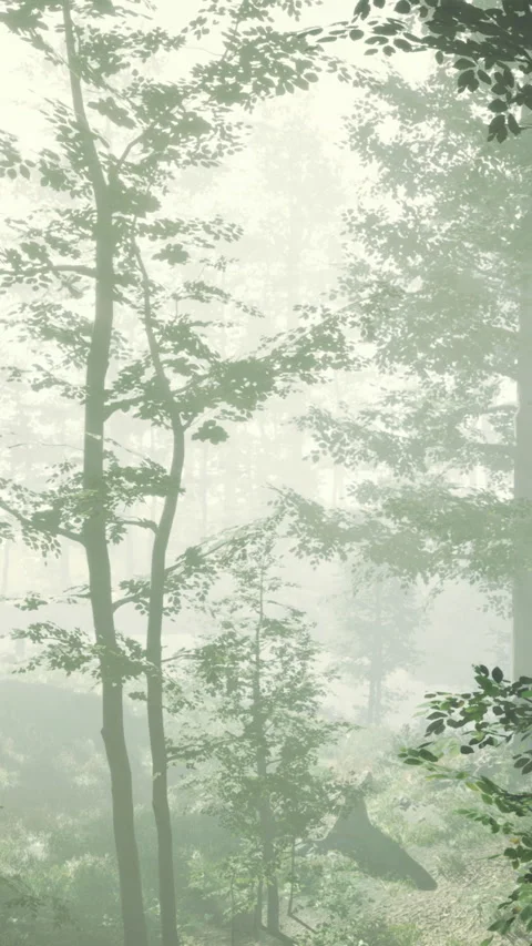Fog covers trees in a forest with a deer spotted in the background Stock Footage 334194924
