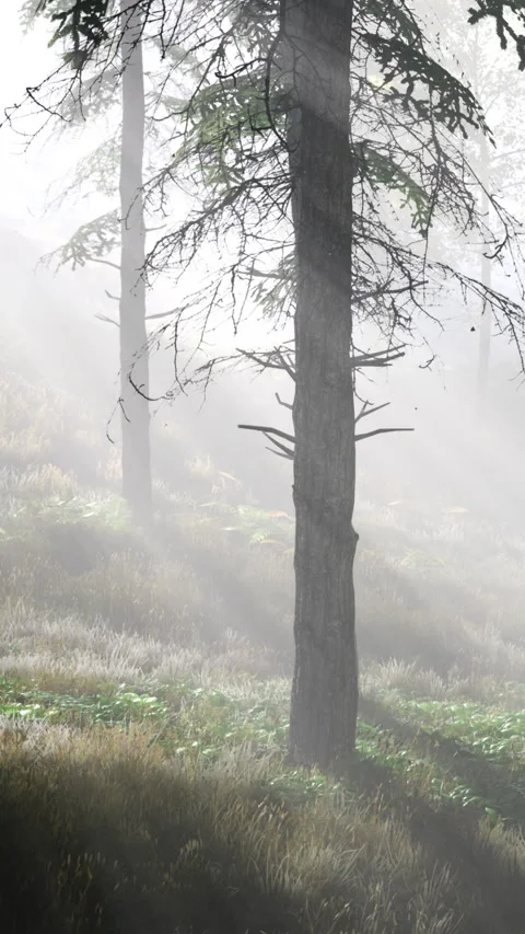 Fog covers trees in a forest during morning hours with soft light Stock Footage 334258566