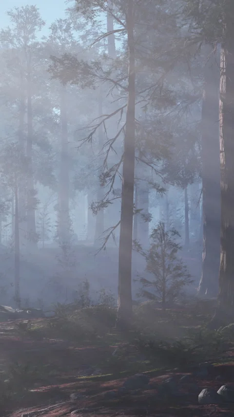 Fog covers trees in a forest during early morning hours near a hiking path Stock Footage 340880018