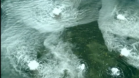 Fog emitting generator over water pond beautiful slow motion movement over su Stock Footage 157799871