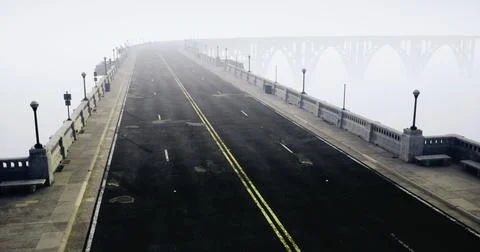 Fog envelops deserted road leading to bridge at dawn Stock Illustration