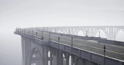 Fog envelops a quiet bridge in a tranquil morning setting Stock Illustration
