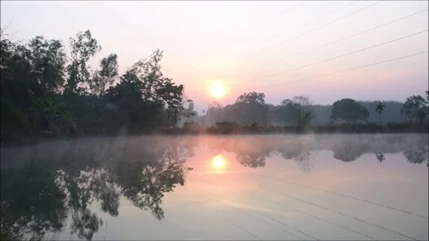 The fog evaporates above the water surface in the morning Stock Footage 118709228