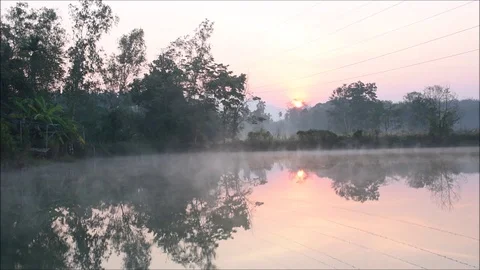 The fog evaporates above the water surface in the morning Stock Footage 118709292