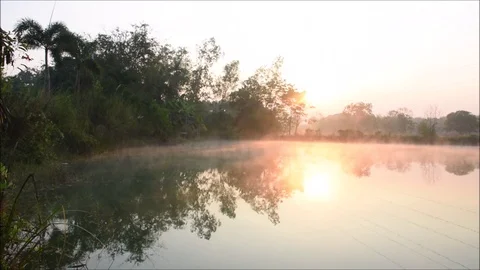 The fog evaporates above the water surface in the morning Stock Footage 118709305