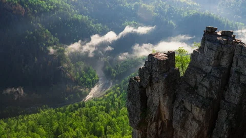 Fog flowing over river, forest in mountains in morning Stock-Footage 201892603