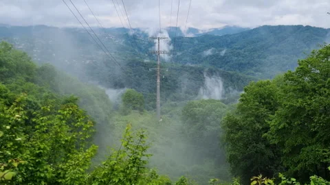 Fog flows through a green mountain forest on a cloudy day, with power lines Stock Footage 309314178