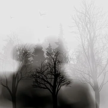 Fog in the forest. Black Tree ink blots, splashes, spray texture isolated on  Stock Illustration