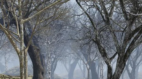 Fog in the forest with dead trees, 3d illustration Stock Illustration