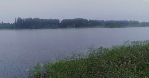 Fog Forest Lake drone flight nature morning outdoor, sunset Stock-Footage 88835018