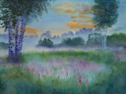 Fog in a forest meadow Stock Illustration