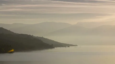 Fog gathering at dawn on Lac de Sainte Croix lake Provence landscape time lapse Stock Footage 53292600