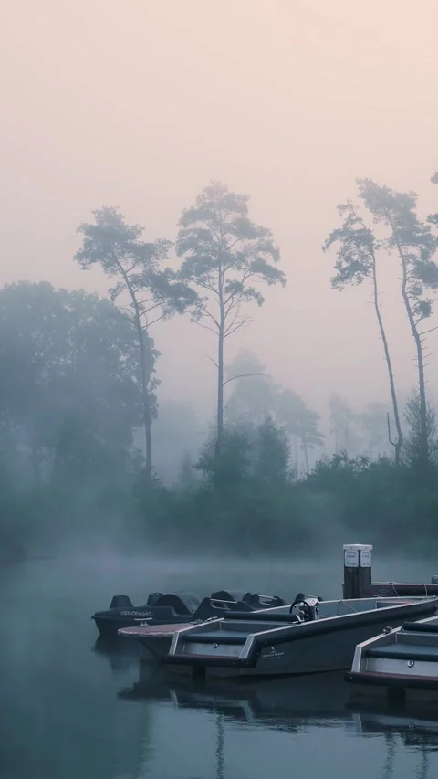 Fog hovering over lake with docked boats at dawn Video stock 288242973