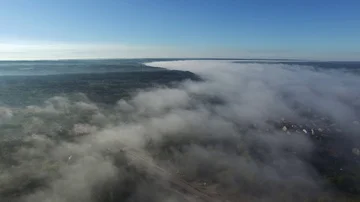 Fog hovering over the river, aerial view Stock Footage 85616801