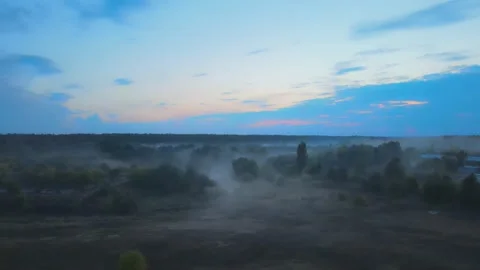 Fog ine the forest. Sunset sky Stock Footage 161593669
