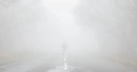 Fog landscape. Man walking alone on scary foggy misty road. Stock Footage 166270494
