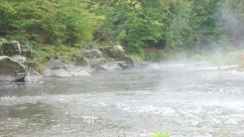 Fog on the mountain river Stock Footage