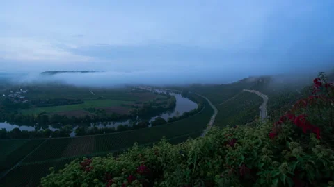 Fog moves over a Neckar valley with a 180° curve to the camera Stock Footage 221581920