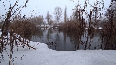 Fog over the current river in the park, snow, thaw, springtime. Stock Footage 102045948