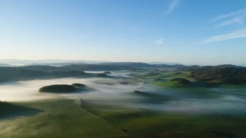 Fog Over Fields and Meadows in the Sunny Morning - Aerial View 스톡 동영상 123211244
