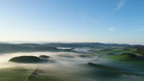 Fog Over Fields and Meadows in the Sunny Morning - Aerial View 스톡 동영상 123211432