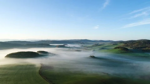 Fog Over Fields and Meadows in the Sunny Morning - Aerial View 스톡 동영상 123211859