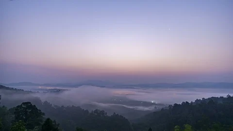 Fog over the forest in the valley Strong winds blow the fog, diffuse and fog  Stock Footage 109110086