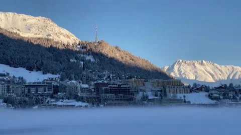 Fog over lake in St. Moritz in Alps Switzerland in the winter Video stock 229654394