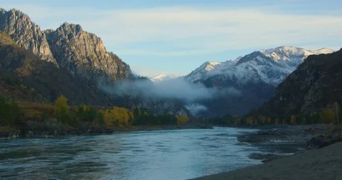 Fog over a mountain river Stock Footage 81041499