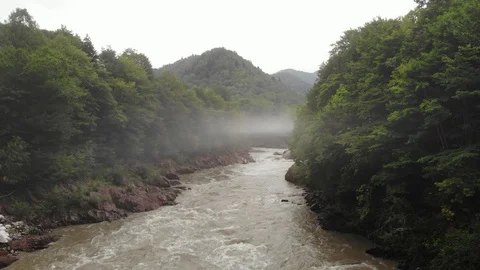Fog over the river. Mountain river with fog. Stock Footage 118159972