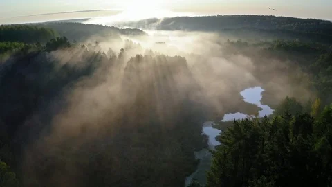 Fog over the river with rays of sunrise, aerial view Stock Footage 117671768