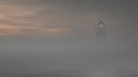 Fog over the sea. Beacon tower in the background. Aerial view Stock Illustration