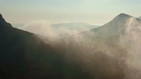 Fog permeated by the rays of the sun moves through the tree-lined slopes of the Stock Footage 131556555
