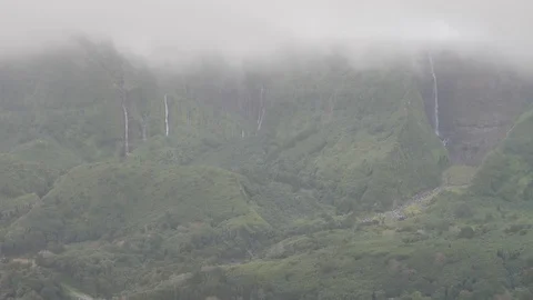 Fog at Poco Ribeira do Ferreiro (Alagoinha) Waterfalls, Flores Island, Azores Stock Footage 89844079