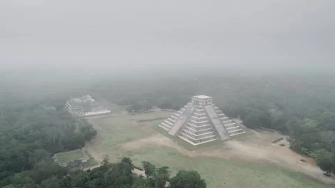 Fog Rolling Over Chitchen Itza Historic Ruins Drone Aerial Cinematic South Stock Footage 347844761